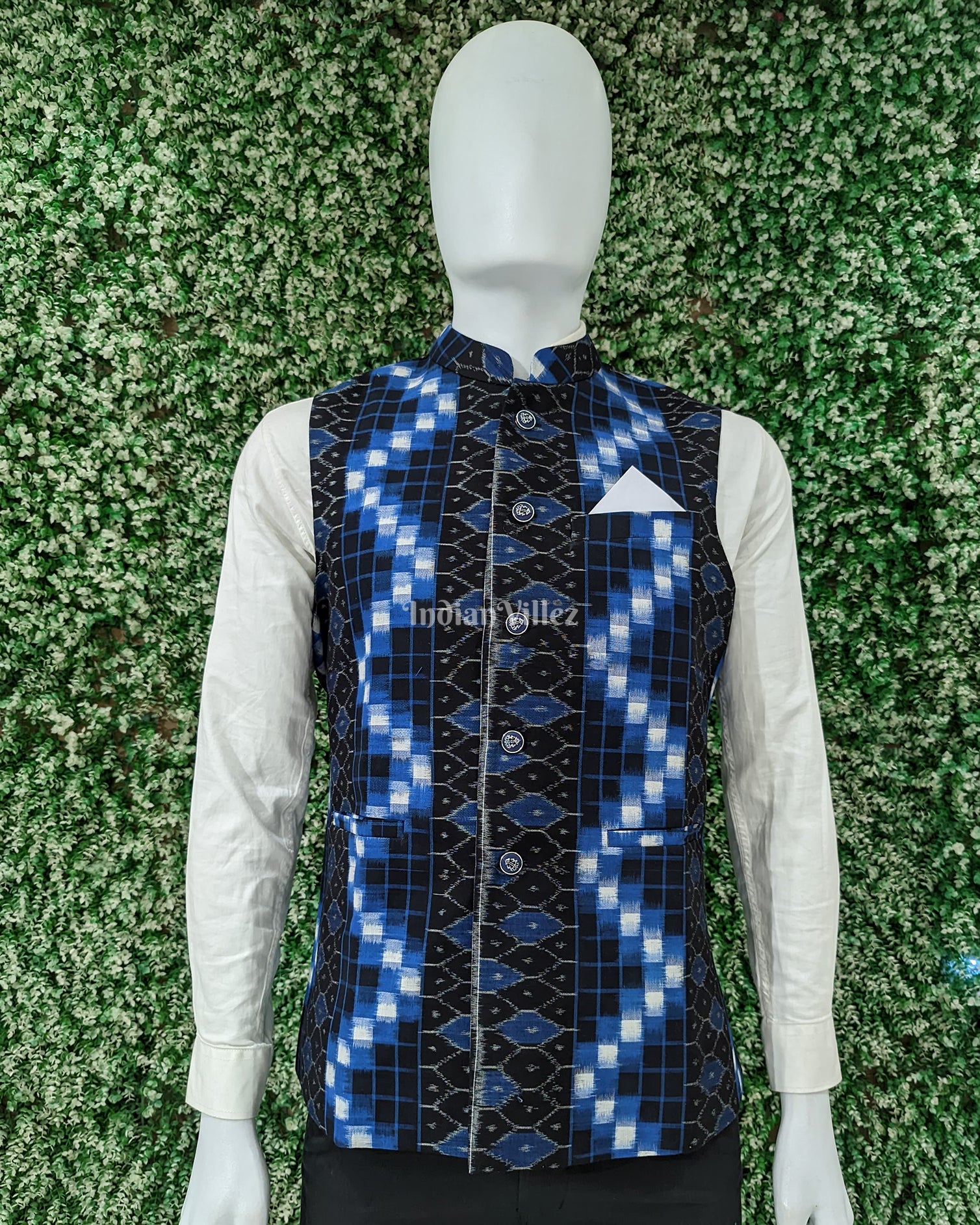 Black Blue Pasapali Odisha Ikat Cotton Half Bandi Jacket for Men