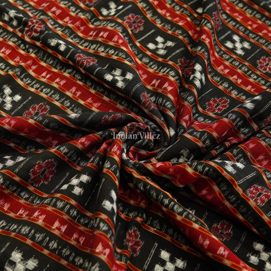 Black Red Pasapali Theme Sambalpuri Ikat Cotton Fabric