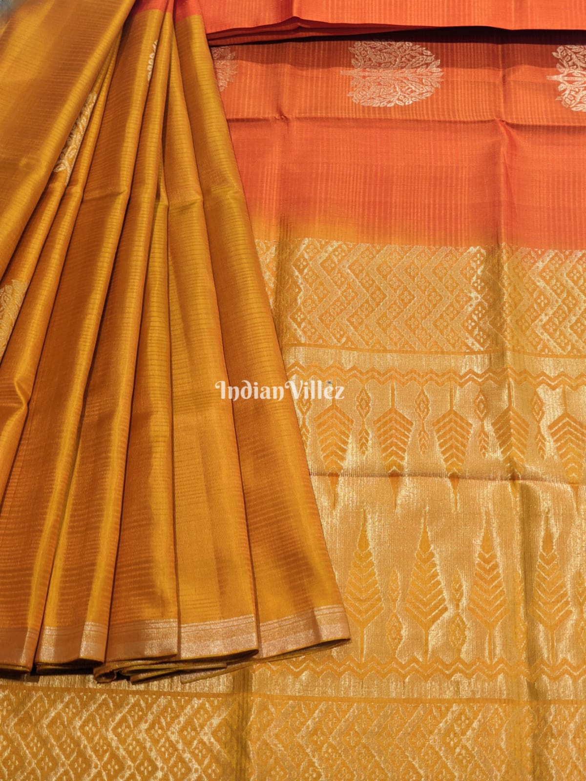 Orange Gold South Handloom Kanjivaram Soft Silk Saree