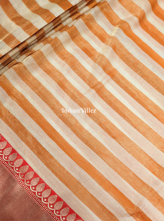 Orange White Stripes Pattern Designer Banarasi Tissue Saree