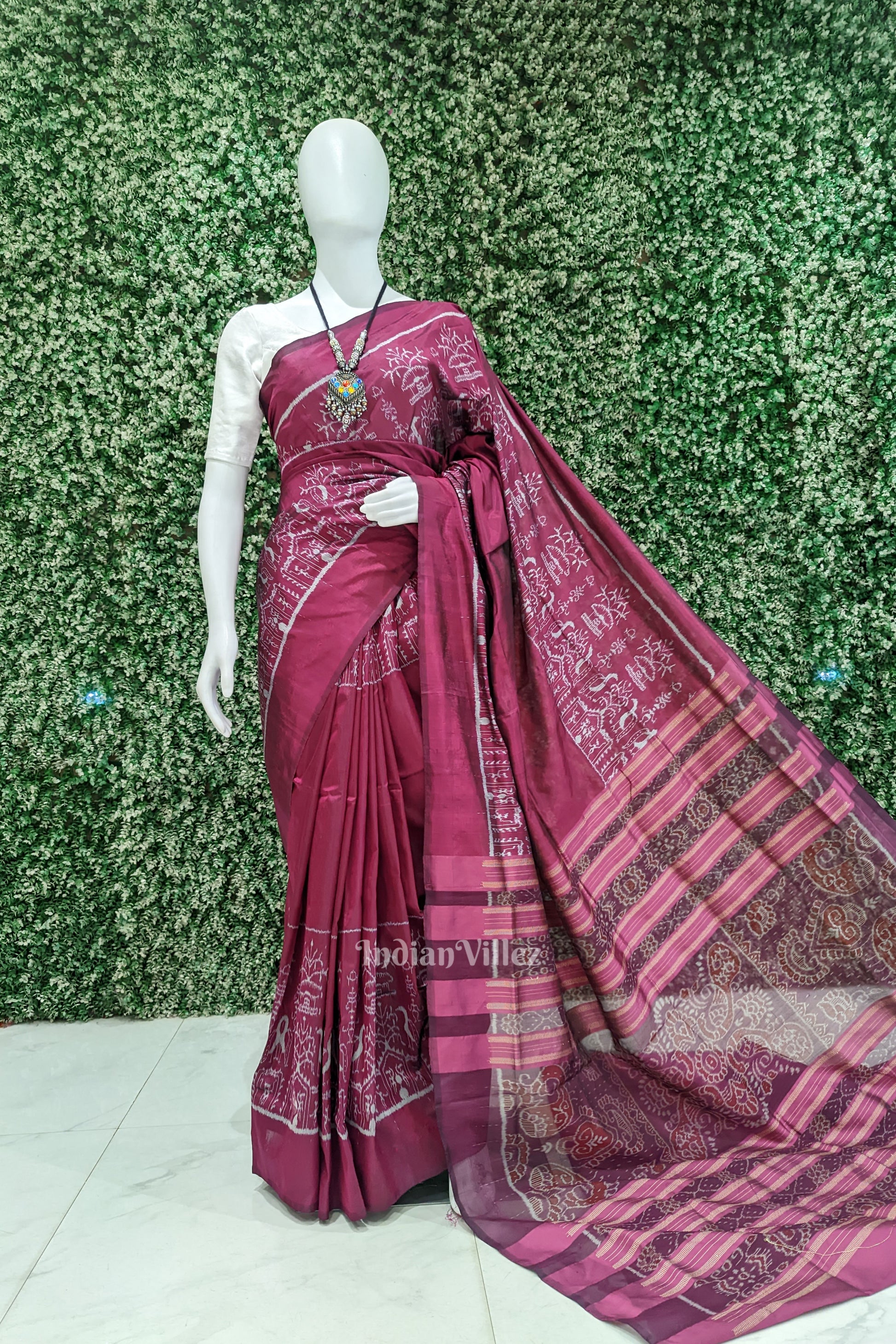 Wine Color Tribal Theme Sambalpuri Silk Saree