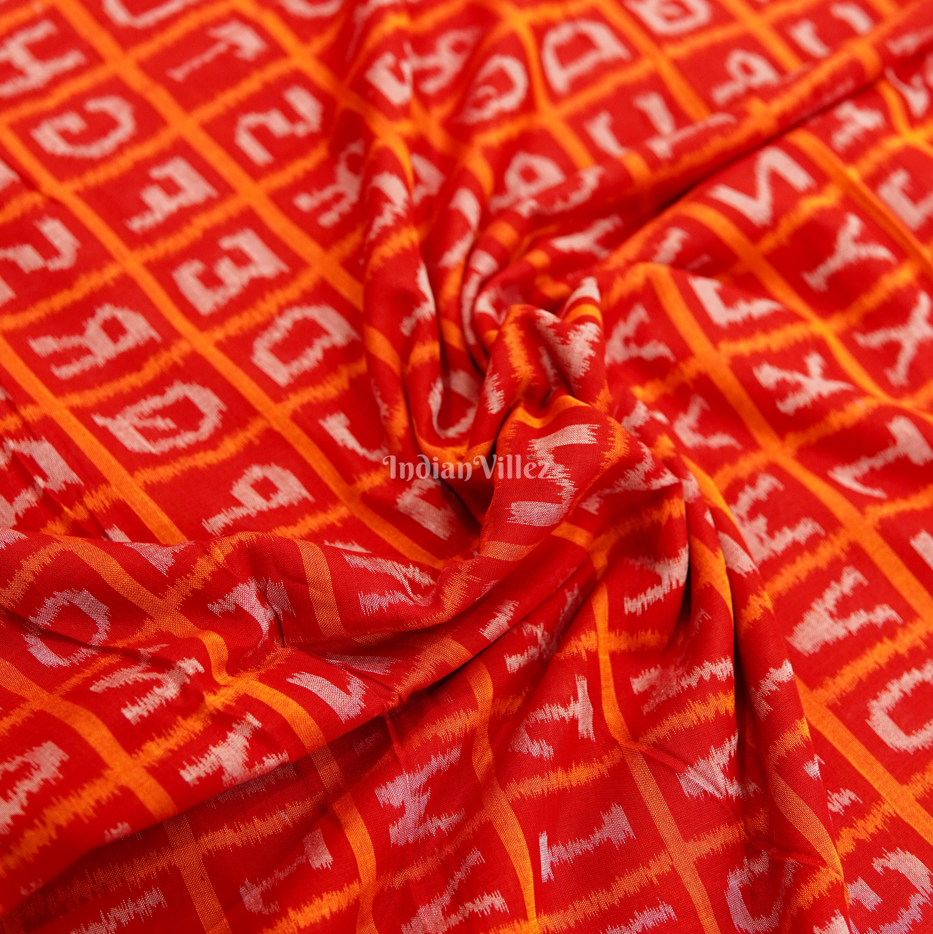 Red Off White English Alphabet Sambalpuri Cotton Fabric