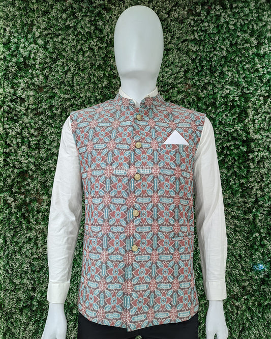 Multicolor Odisha Ikat Cotton Half Bandi Jacket for Men