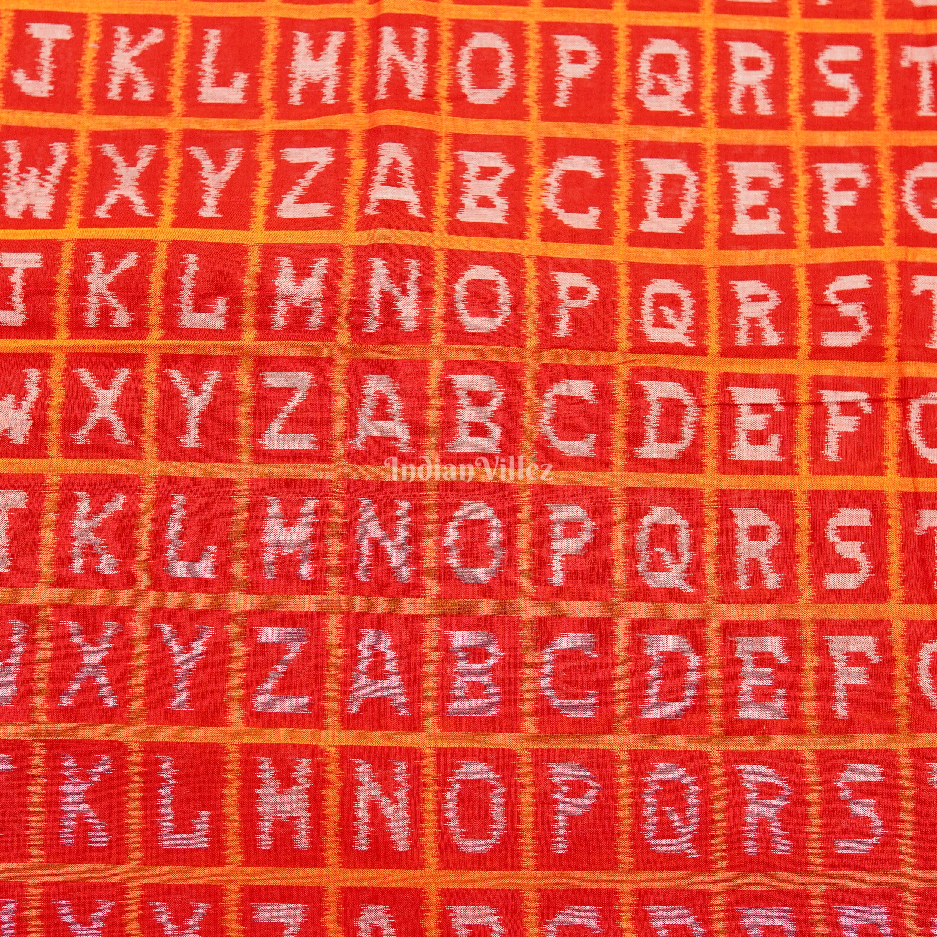 Red Off White English Alphabet Sambalpuri Cotton Fabric