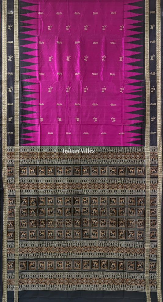 Magenta Horse Motif Sambalpuri Bomkai Silk Saree with Tribal Anchal