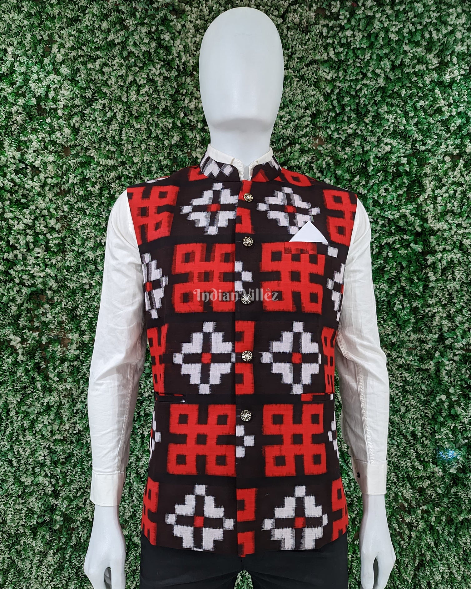 Red Black Pasapali Odisha Ikat Cotton Half Bandi Jacket for Men