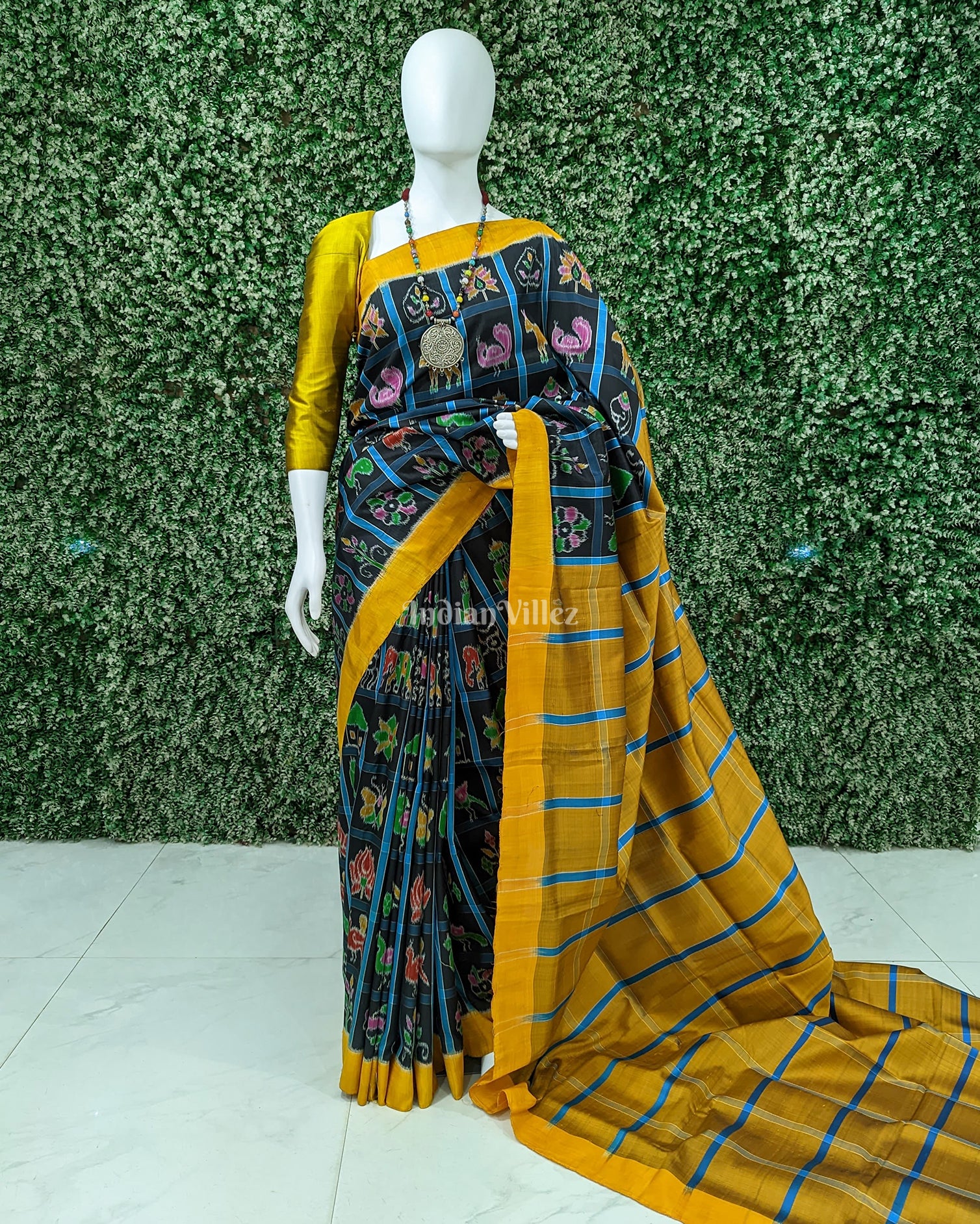 Black Yellow Nabakothi Contemporary Silk Saree