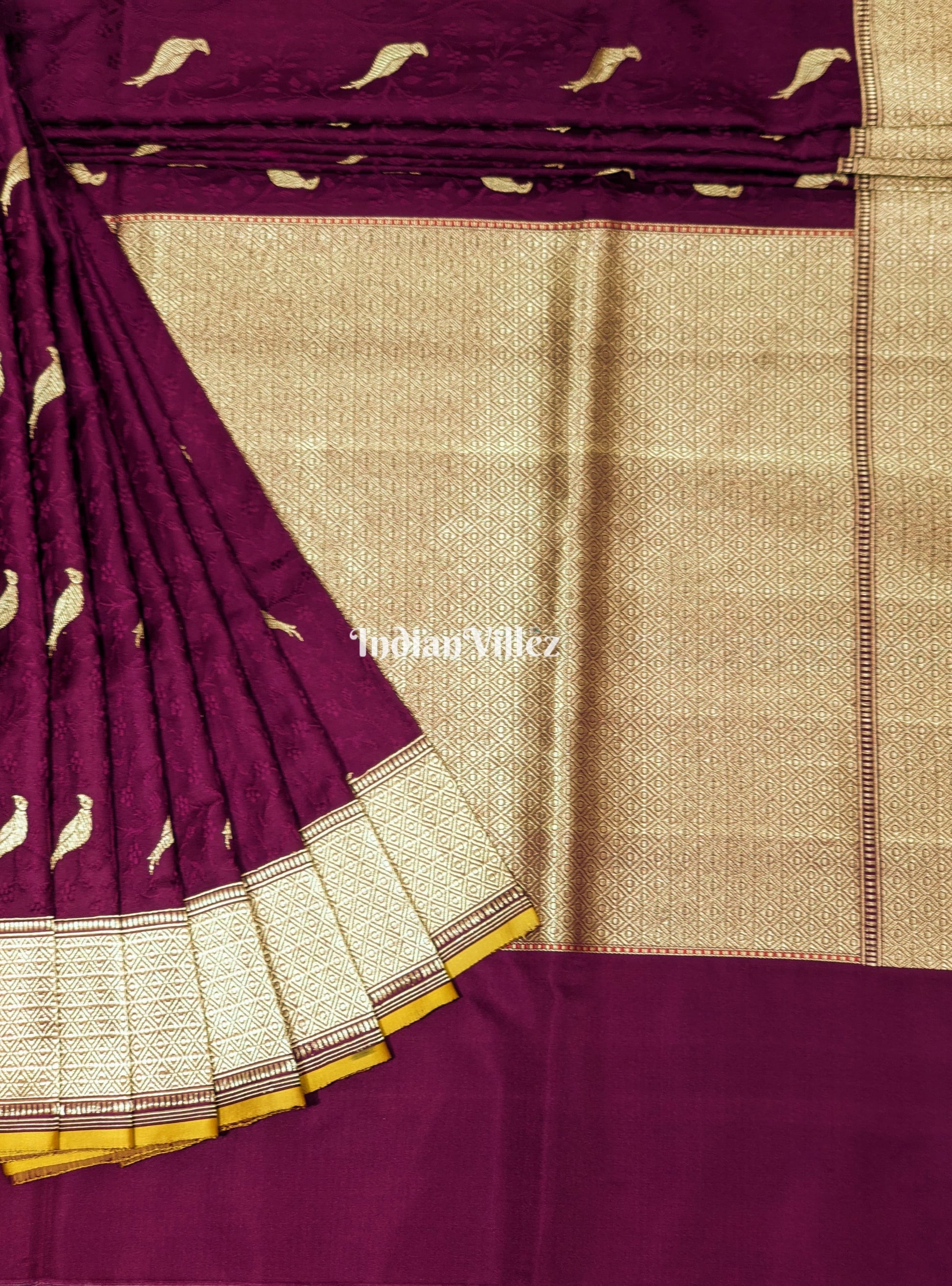 Wine Parrot Motif Pure Banarasi Katan Silk Saree