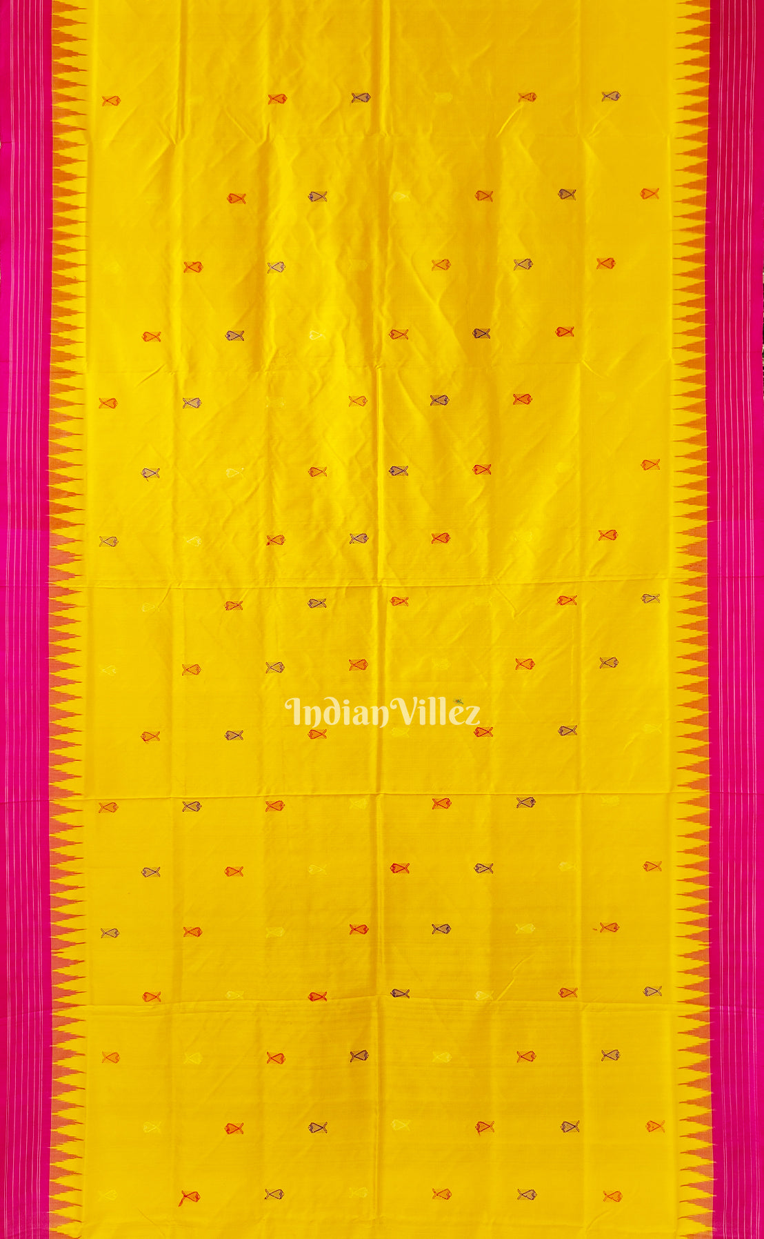 Yellow Fish Motif  Berhampuri Silk Patta Saree with Double Pallu