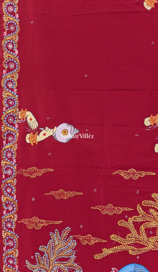 Reddish Maroon Arjuna Bows to Navagunjara Hand-Painted Pattachitra Saree