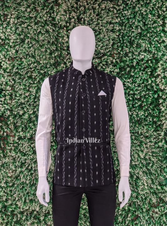 Black Odisha Ikat Cotton Half Bandi Jacket for Men