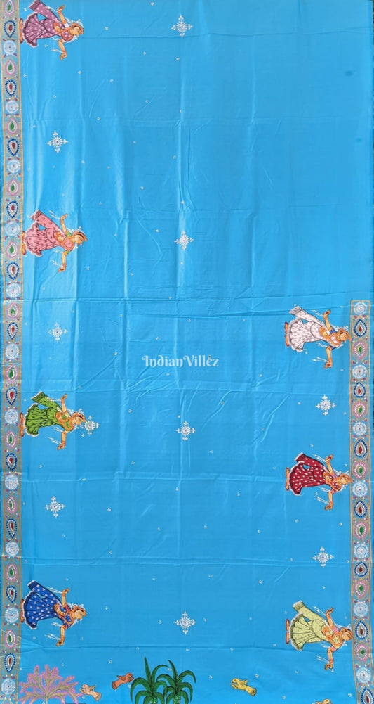 Sky Blue Mathura Vijay Theme Pattachitra Art on Pure Silk Saree