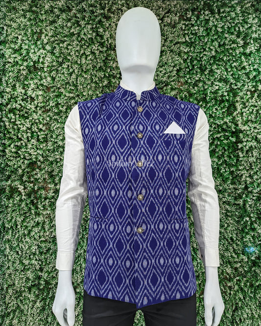 Blue Odisha Ikat Cotton Half Bandi Jacket for Men