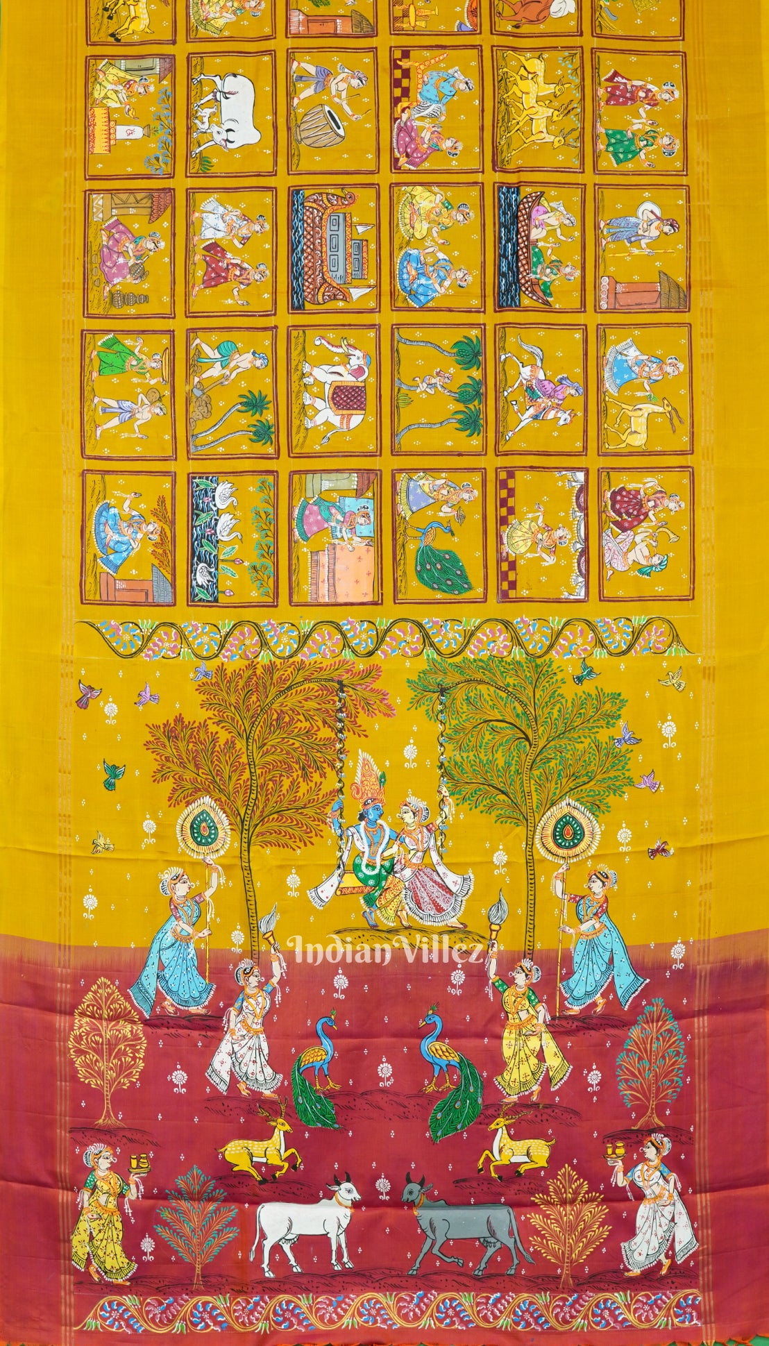 Golden Yellow Radha Krishna Village Theme Pattachitra Sare