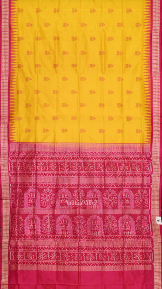 Dark Yellow with Rani Pink Bomkai  Sambalpuri Silk Saree 