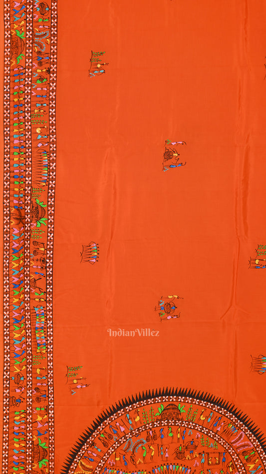 Orange Tribal Theme Hand-Painted Pattachitra Saree