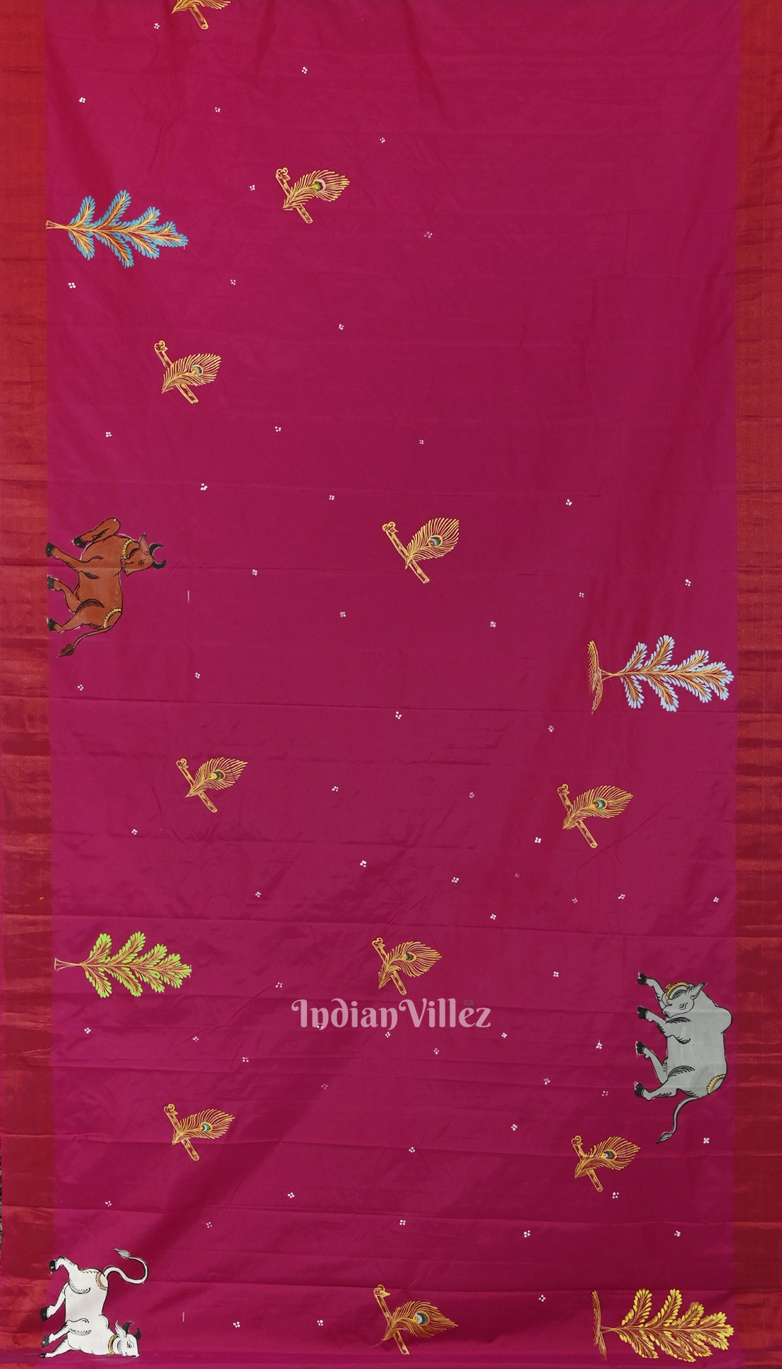 Magenta Pink Krishna Gopapur Theme Hand-Painted Pattachitra Saree