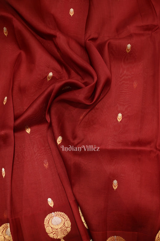 Deep Maroon Banarasi Katan Saree With Floral Handwork