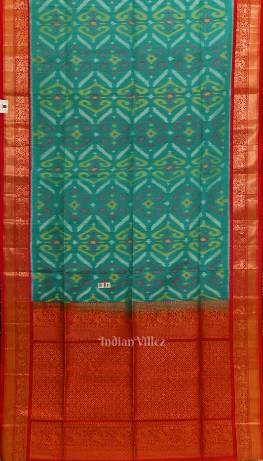 Aqua Blue with Red Pochampally Ikat Silk Saree 