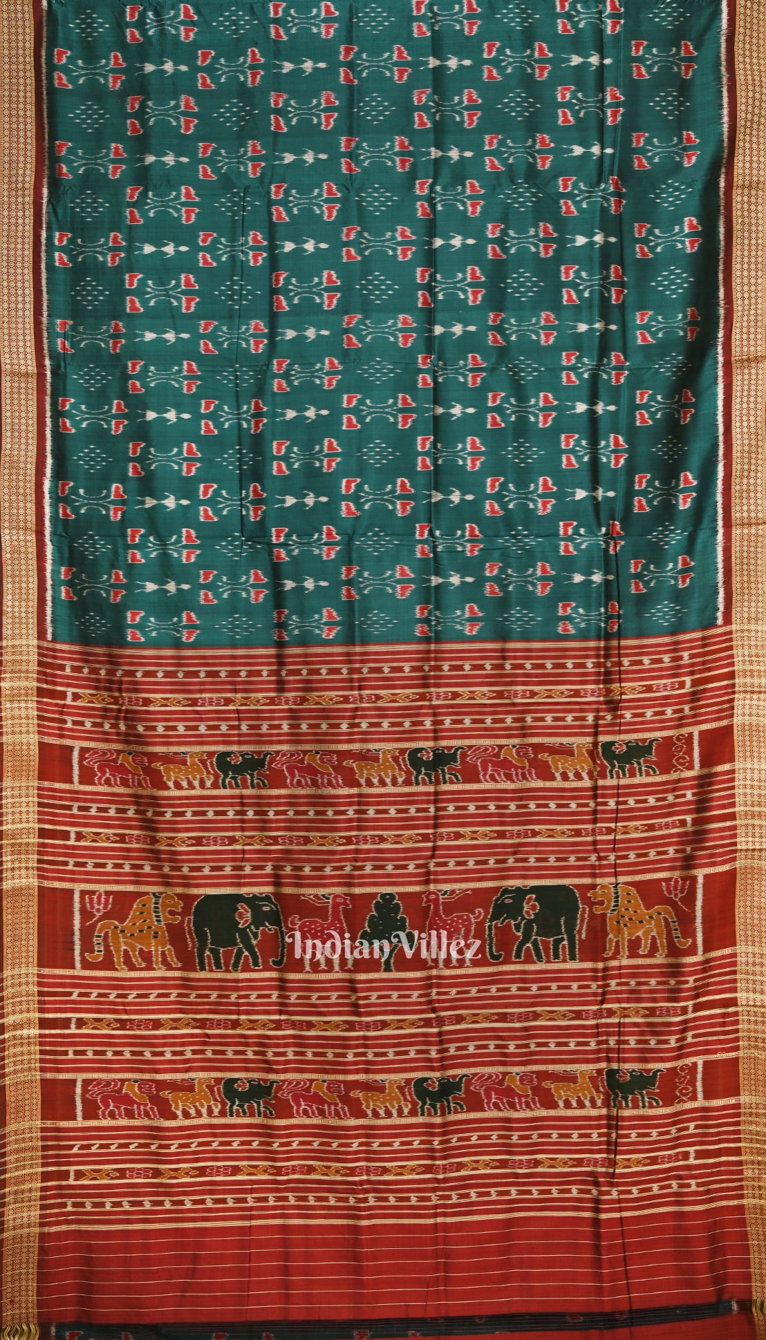 Peacock Green Tribal Theme Odisha Ikat Khandua Silk Saree