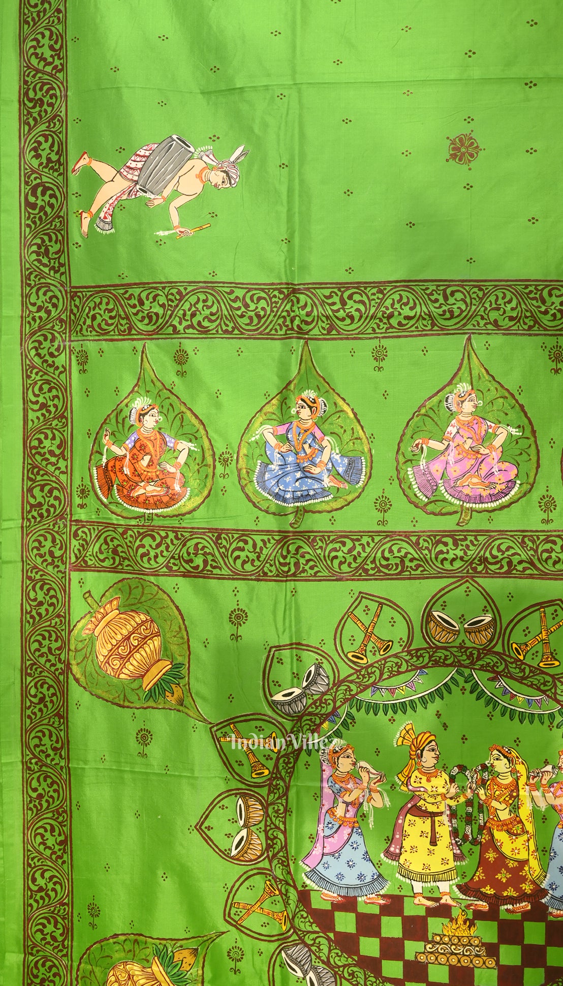 Green Doli Barat With Marriage Theme Hand-Painted Pattachitra Saree