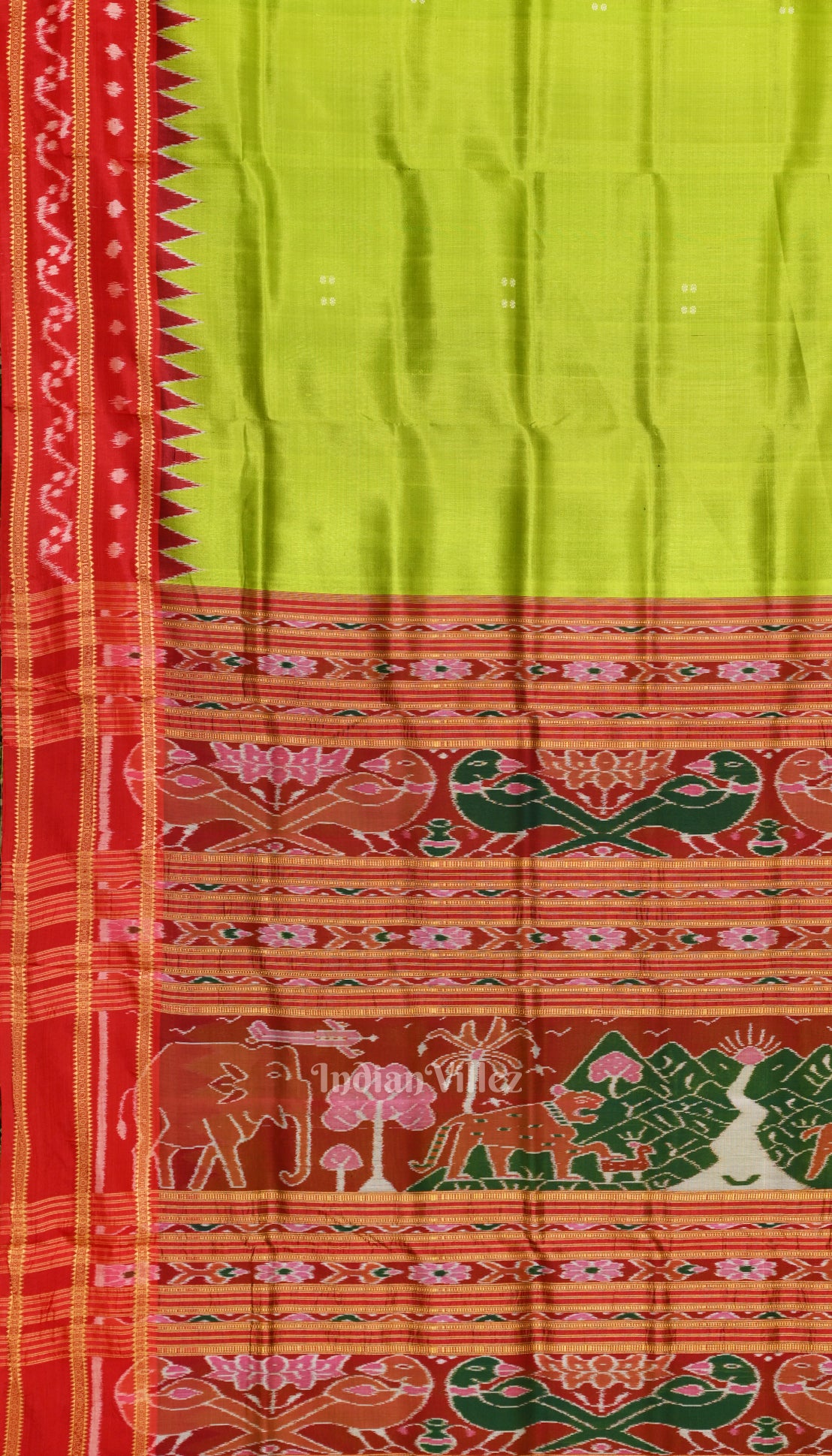 Parrot Green with Red Butta Design Odisha Ikat Khandua Silk Saree 