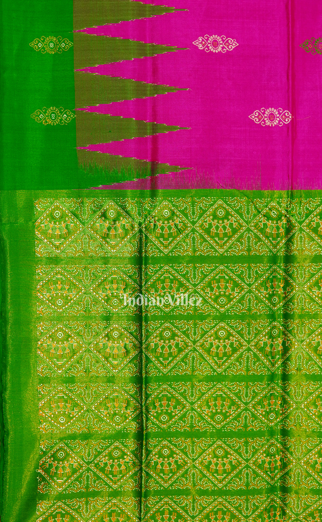 Rani Pink With Green Tribal Motif Ikat Bomkai Silk Saree