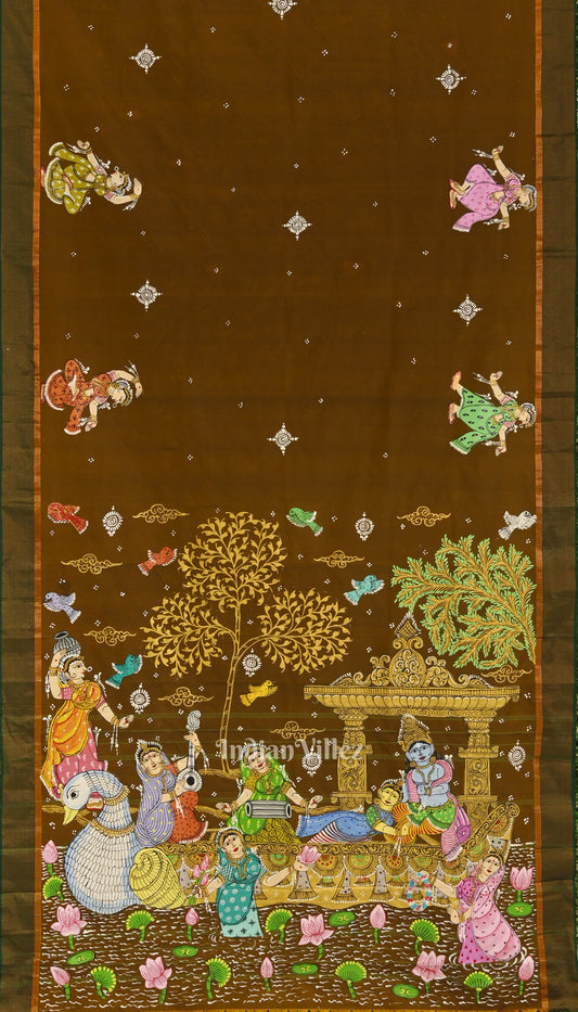 Moss Green Radha Krishna Boita Theme Hand-Painted Pattachitra Saree