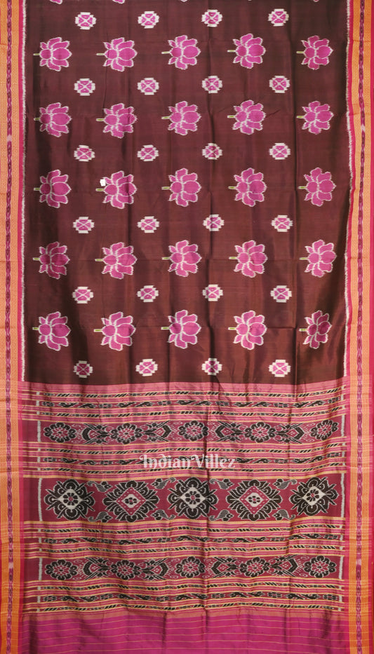 Deep Wine Lotus Flower Theme Odisha Ikat Khandua Silk Saree