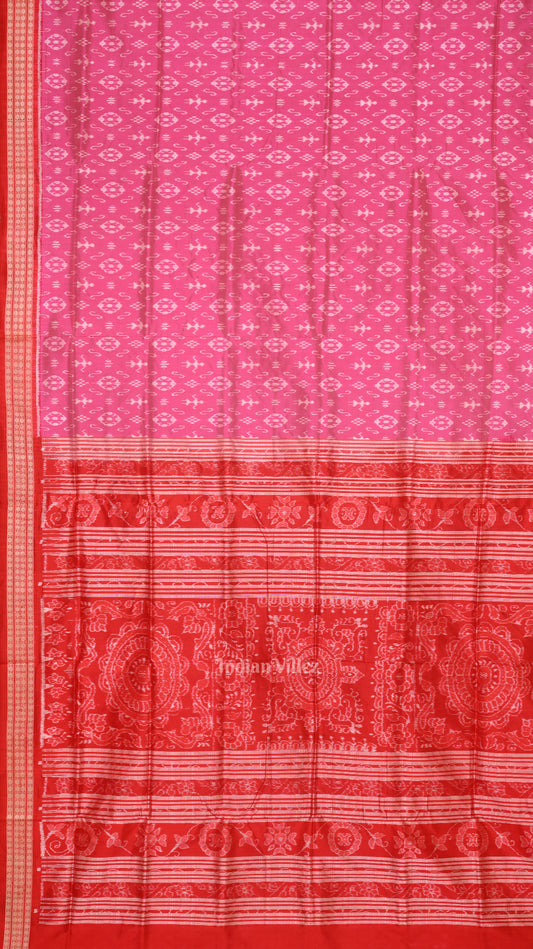 Baby Pink Red Tribal Theme Sambalpuri Silk Saree 