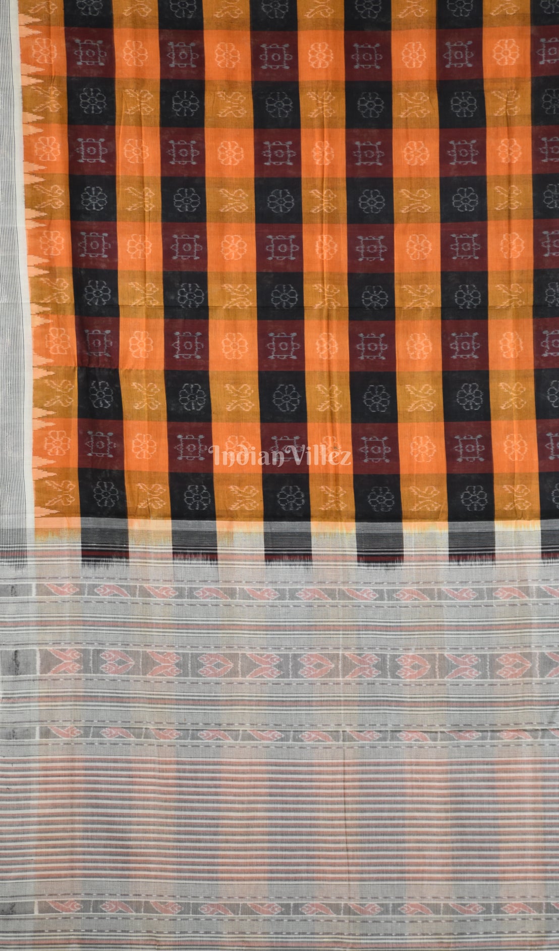 Yellow Black Pure Sambalpuri Cotton Saree 