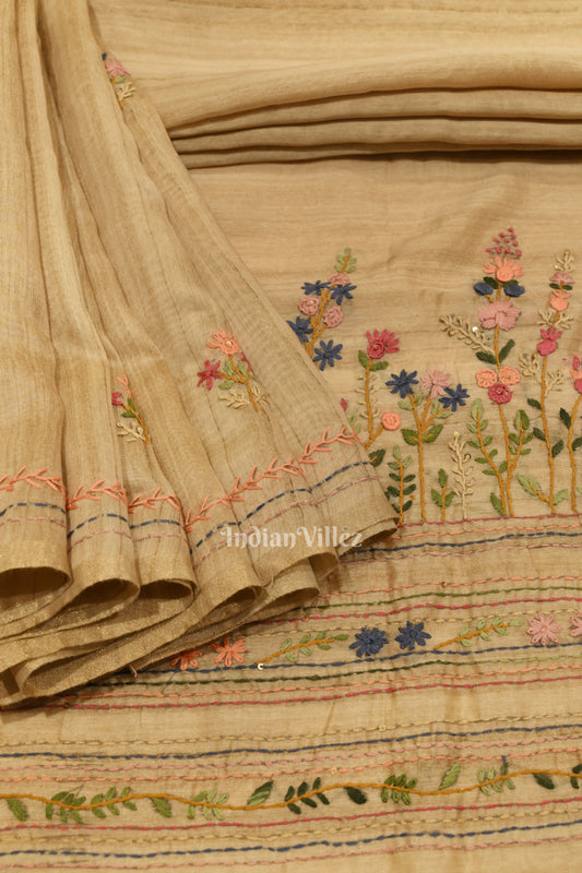  Off White Multi Color Flower Tussar Banarasi Silk Saree