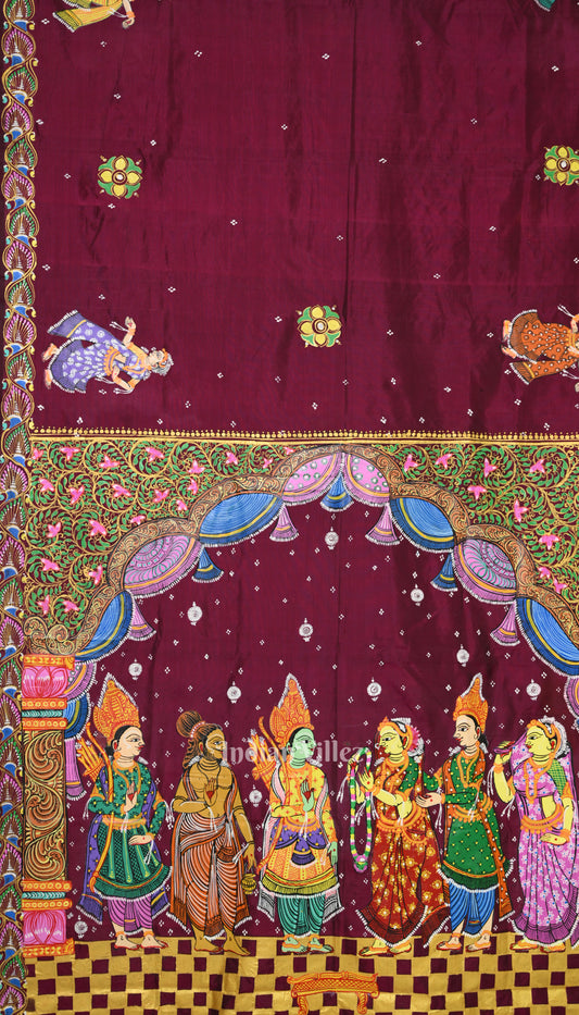 Magenta Red Ram Sita Vivah Theme Pattachitra Saree