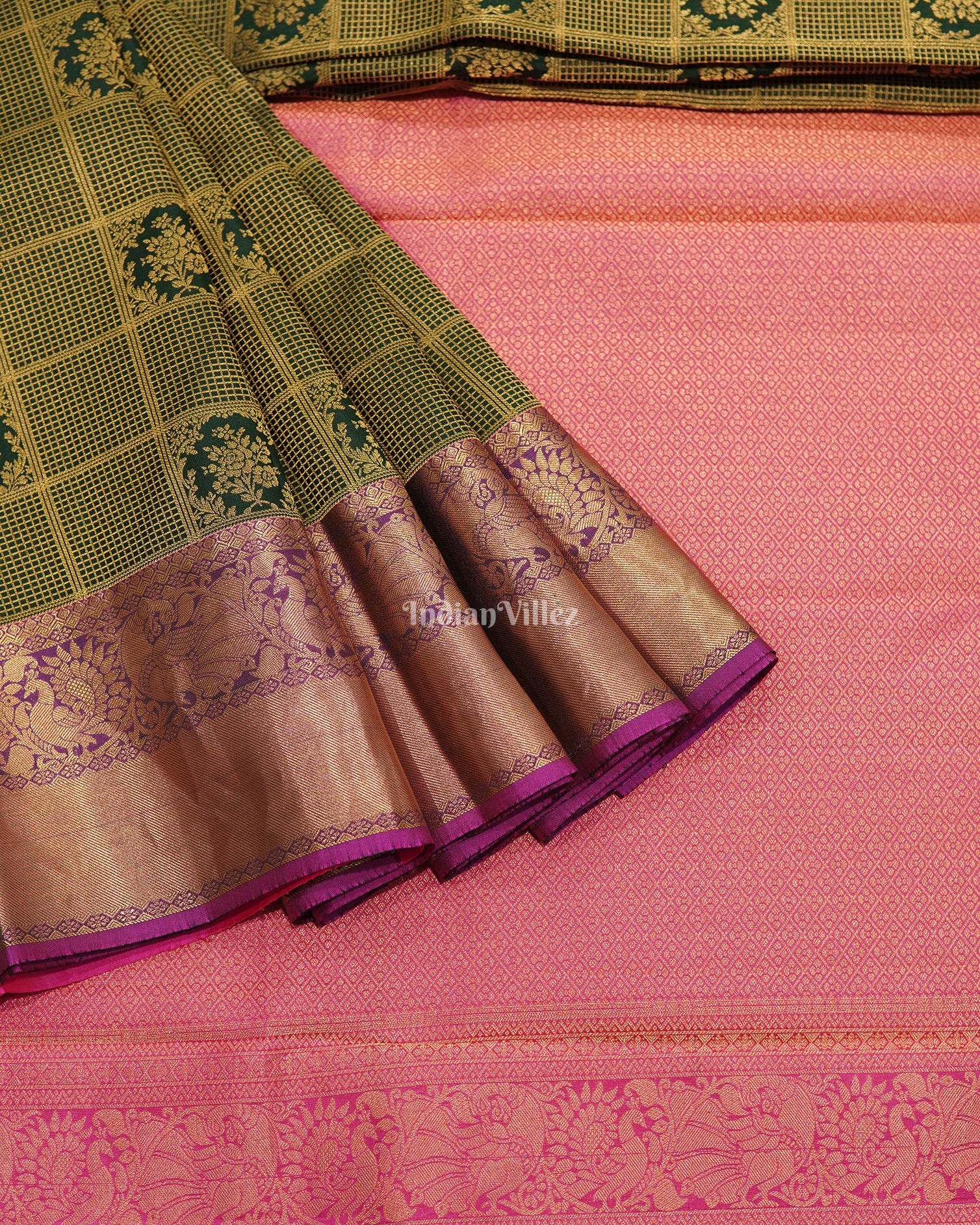 Green Checked Kanchipuram Silk Saree