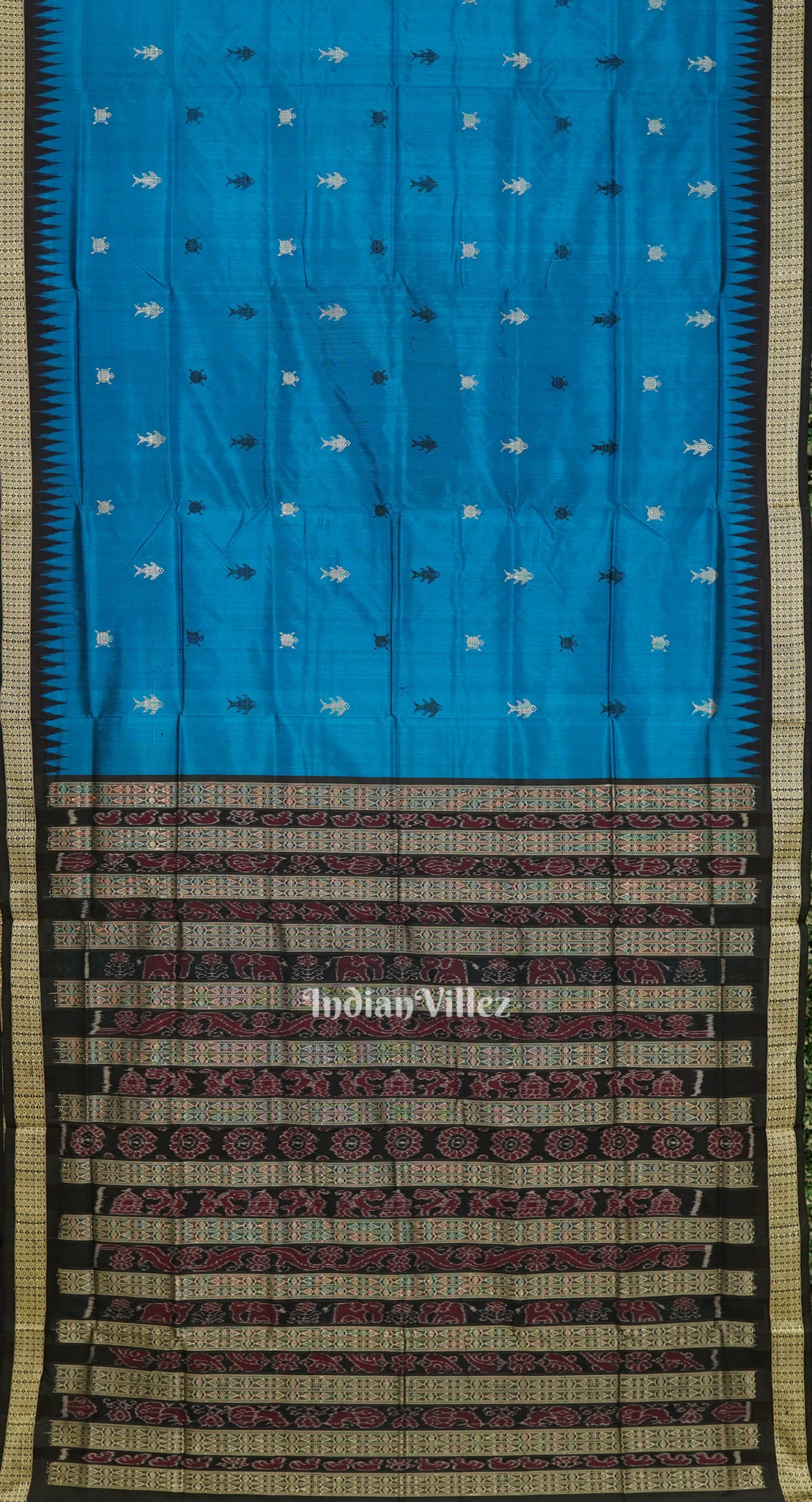 Sky Blue Fish Motif Bomkai Sambalpuri Silk Saree