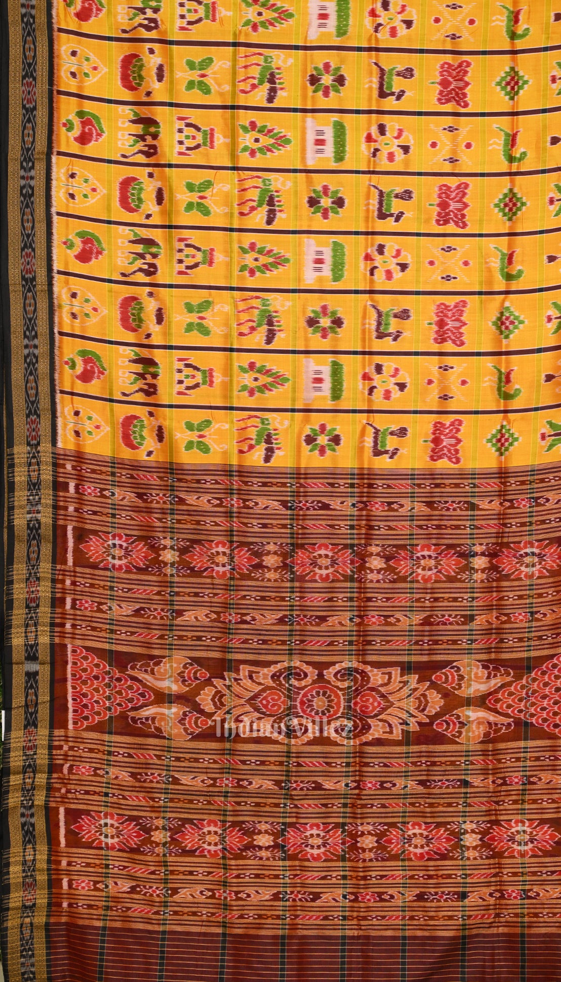 Yellow Maroon Odisha Ikat Sambalpuri Silk Saree 