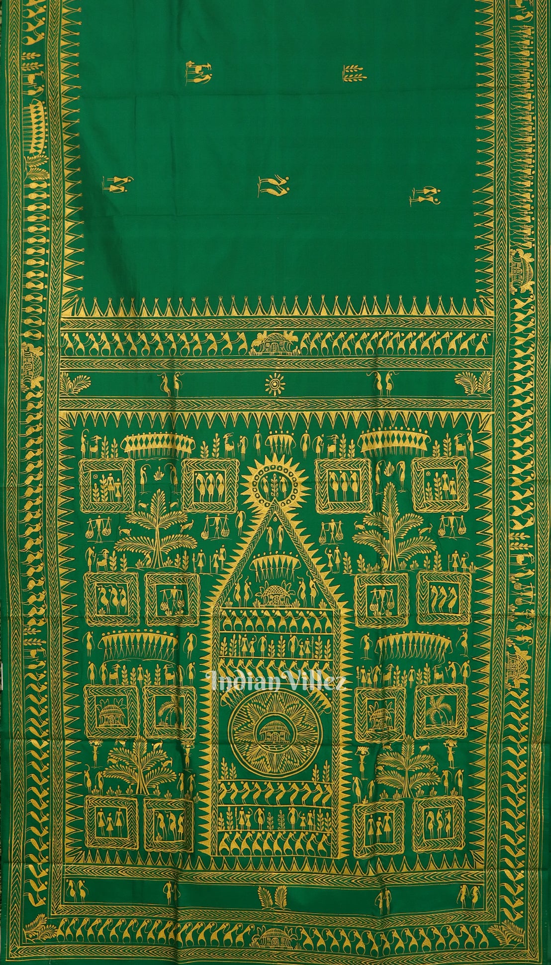 Green Tribal Theme Pattachitra Silk Saree