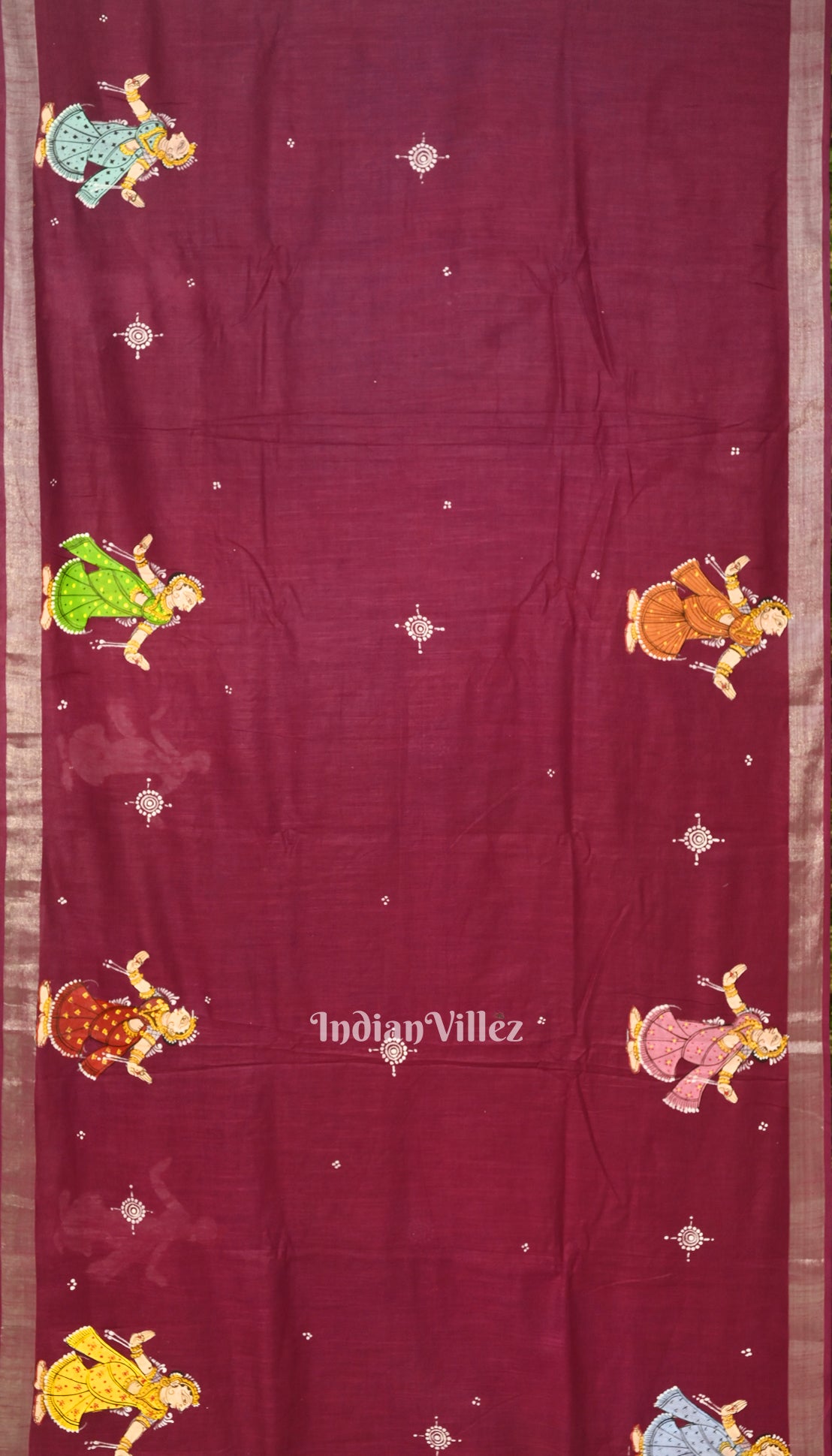 Magenta Doli Barat Theme Hand-Painted Pattachitra Linen Saree With Zari Border