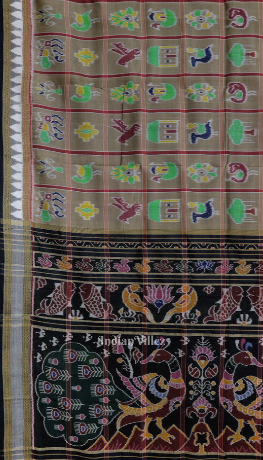 Golden Silver Nabakothi Theme Odisha Ikat Khandua Silk Saree