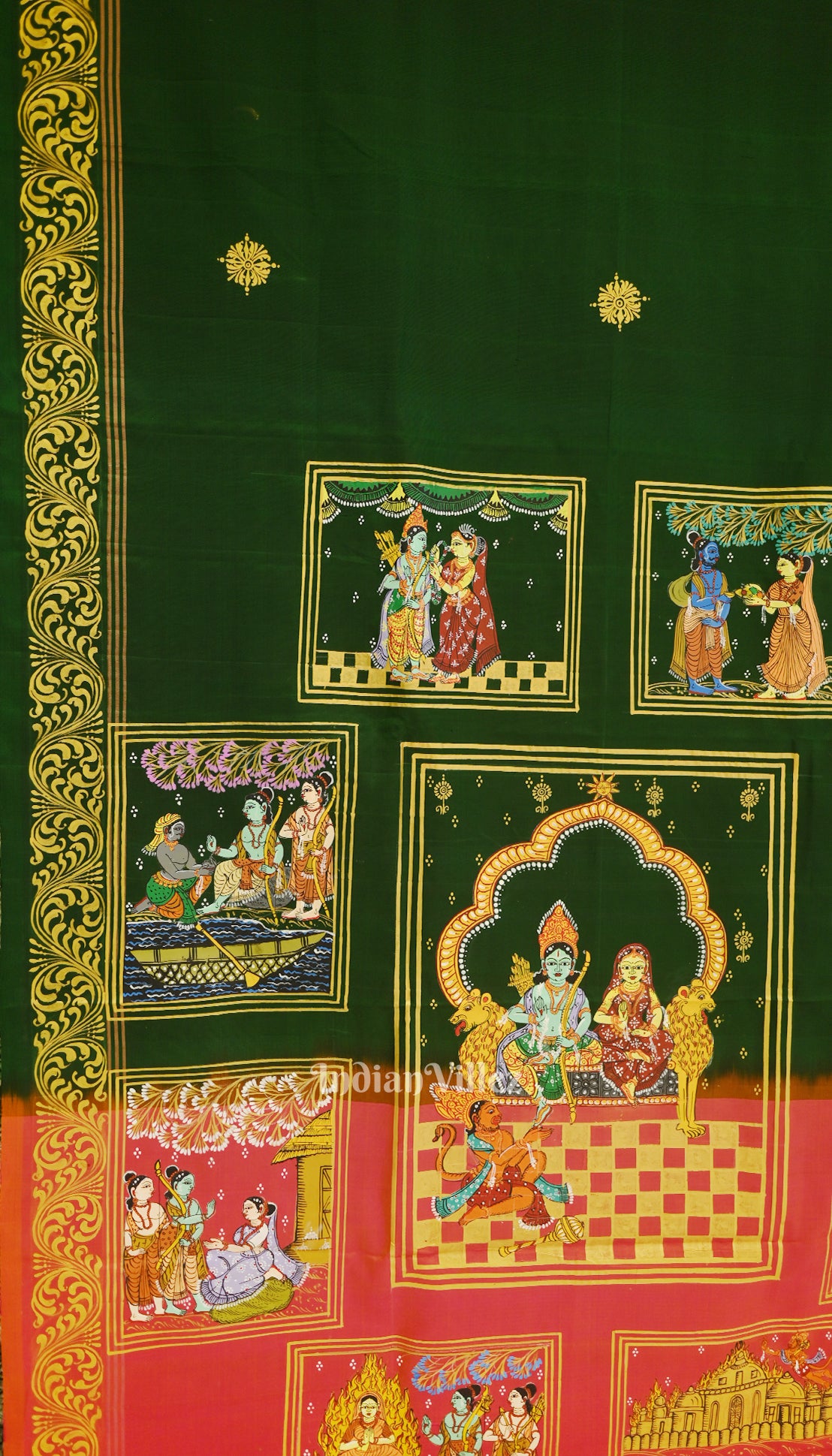 Green With Light Pink Ramayan Theme Hand-Painted Pattachitra Saree