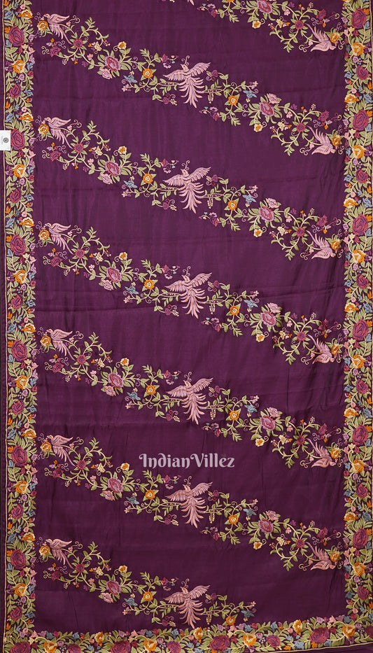 Maroon Parsi Gara Floral Motif Hand Embroidered Saree