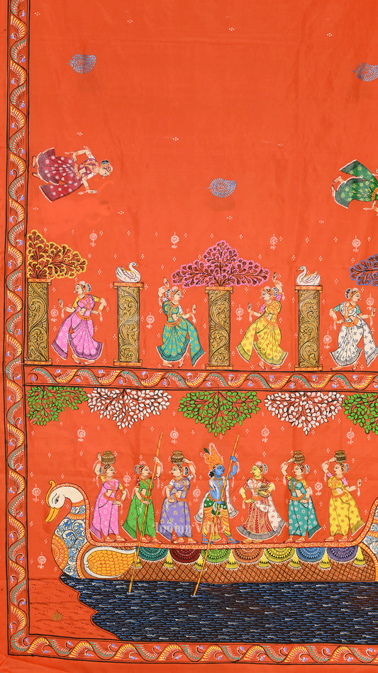 Deep Orange Radha Krishna Boita Hand-Painted Pattachitra Saree  