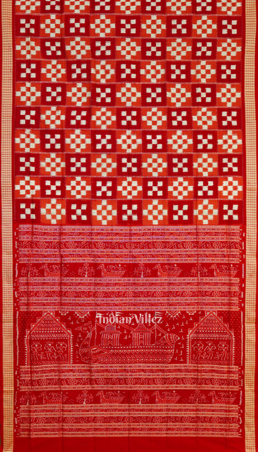 Red White Pasapali Theme Pure Sambalpuri Silk Saree