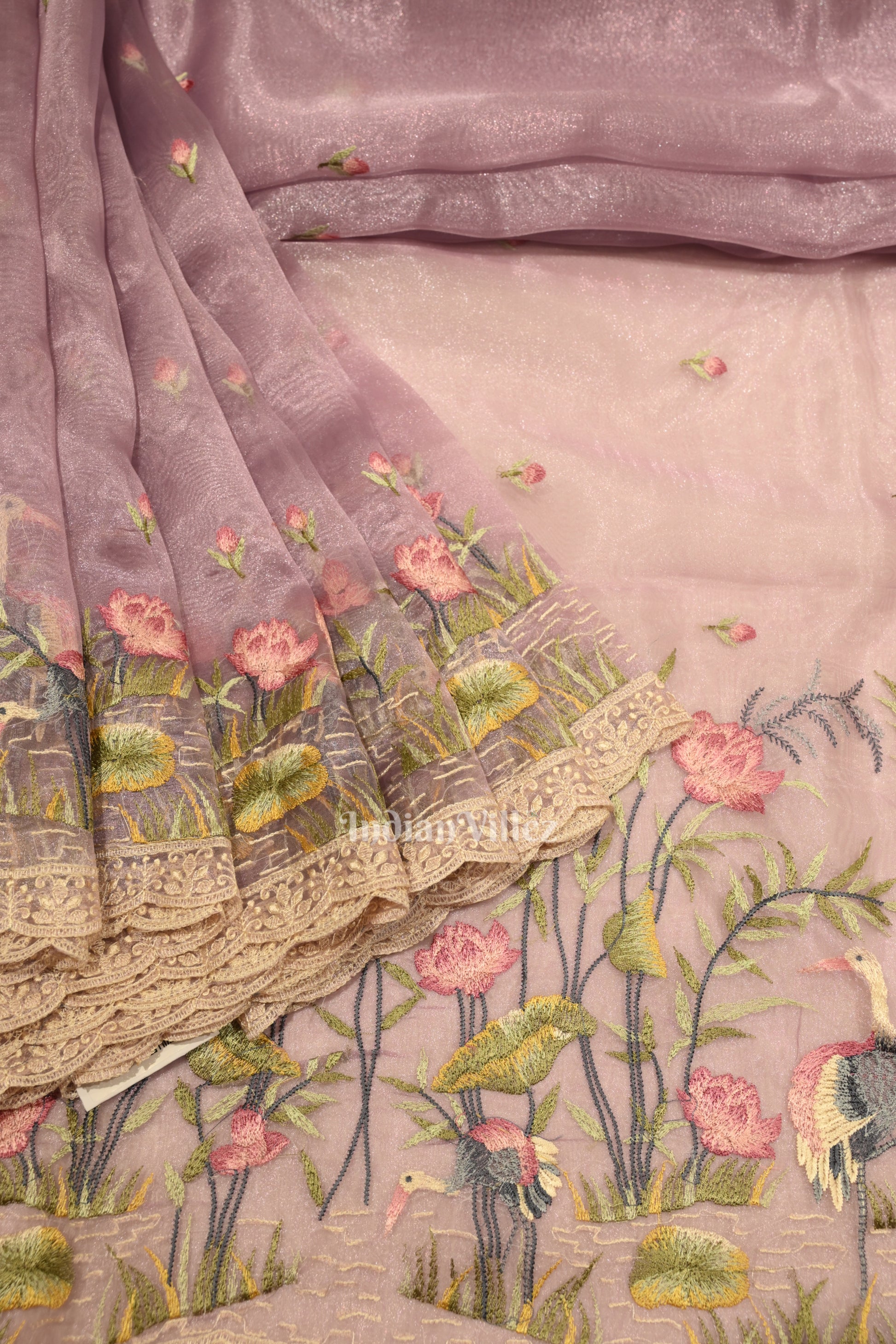 Baby Pink Kora Banarasi Silk Saree With Floral Thread Work