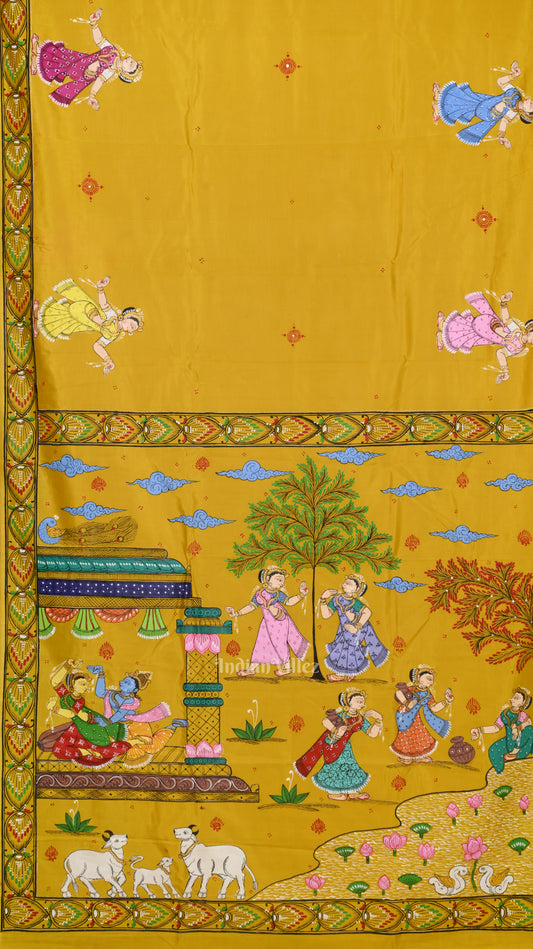 Yellow Radha Krishna Rasa Leela Hand-Painted Pattachitra Saree