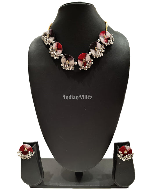 Red Black Coin Shape Silver Beads Sambalpuri Fabric Choker Jewellery - Necklace & Earrings Set