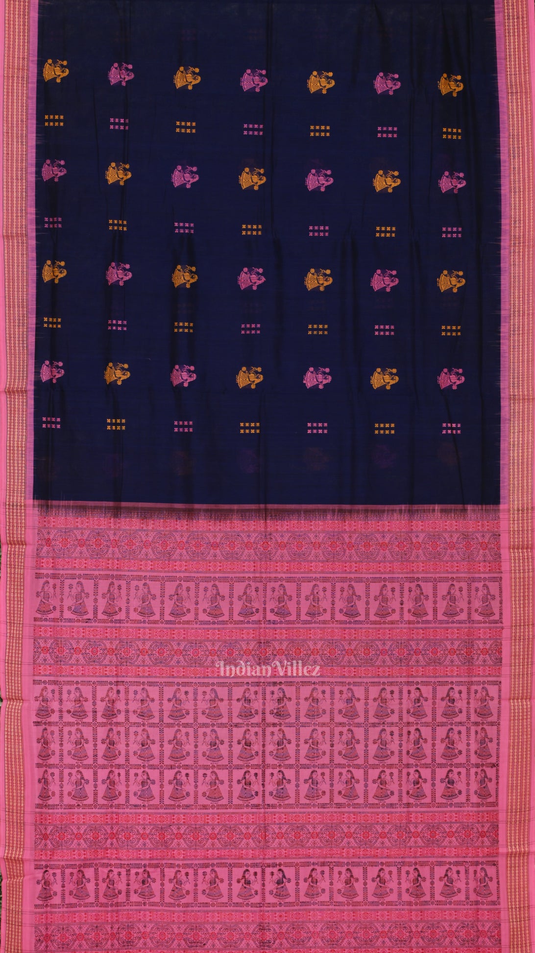 Navy Blue Pink Nartaki Theme Bomkai Cotton Saree 