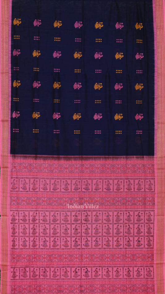 Navy Blue Pink Nartaki Theme Bomkai Cotton Saree 