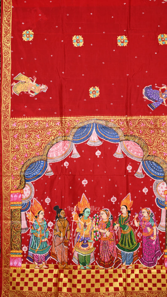 Red  Seeta Vivah  Hand-Painted Pattachitra Saree 