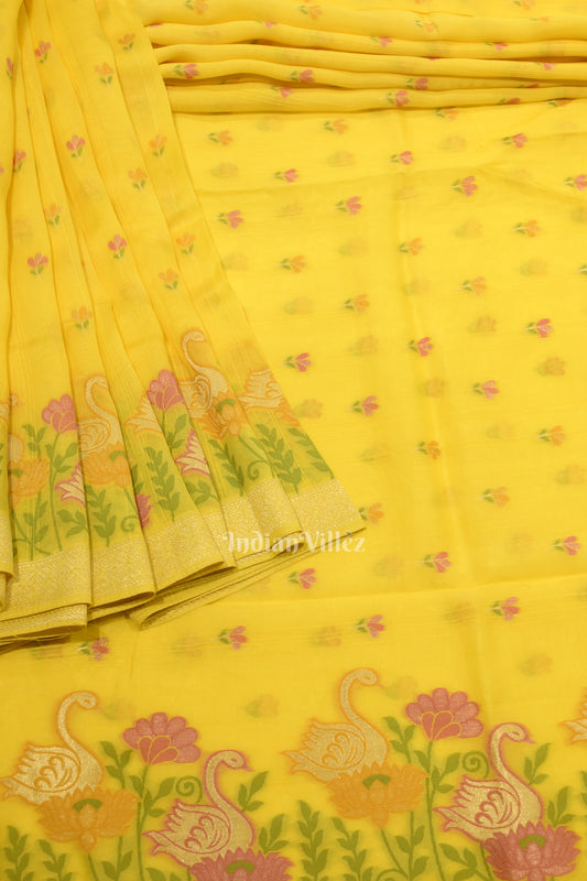 Dark Yellow Tussar Banarasi Silk Saree with Tassels